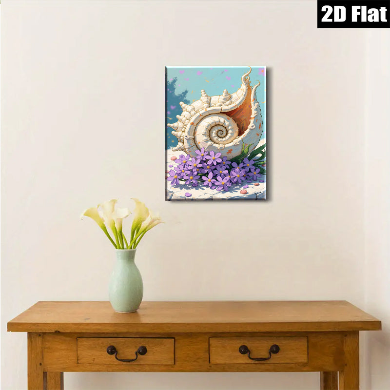 2D flat 1pc Coastal Shells Purple Flowers Beach Decor Living Room Bedroom Wall Art Canvas Prints Modern Farmhouse Style Home Decoration
