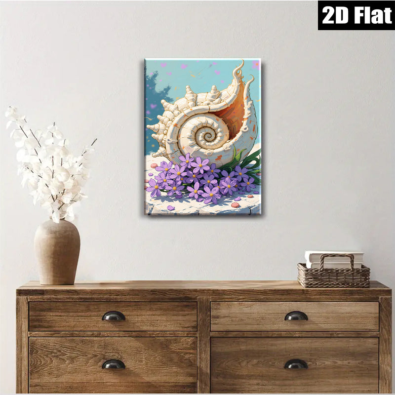 2D flat 1pc Coastal Shells Purple Flowers Beach Decor Living Room Bedroom Wall Art Canvas Prints Modern Farmhouse Style Home Decoration