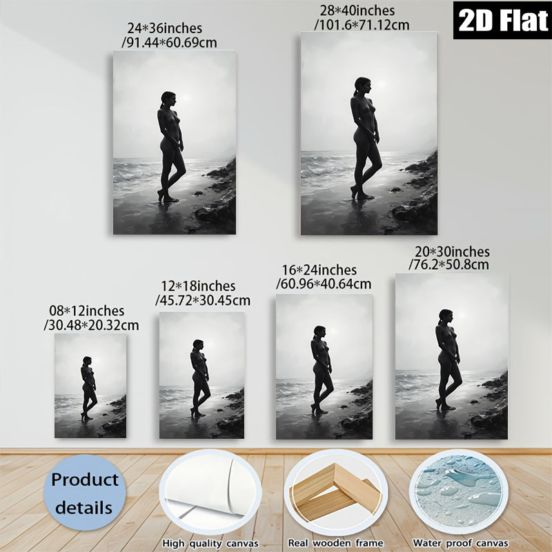 2D flat 1pc Coastal Silhouette Woman Beach Art Modern Canvas Wall Decor Living Room Bedroom Bathroom Gallery Wrapped Ready to Hang Farmhouse Aesthetic