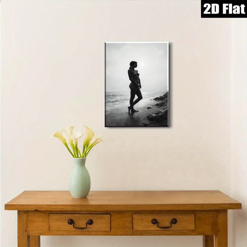 2D flat 1pc Coastal Silhouette Woman Beach Art Modern Canvas Wall Decor Living Room Bedroom Bathroom Gallery Wrapped Ready to Hang Farmhouse Aesthetic
