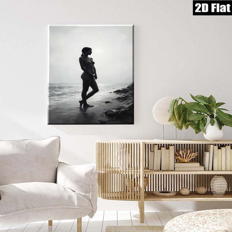 2D flat 1pc Coastal Silhouette Woman Beach Art Modern Canvas Wall Decor Living Room Bedroom Bathroom Gallery Wrapped Ready to Hang Farmhouse Aesthetic