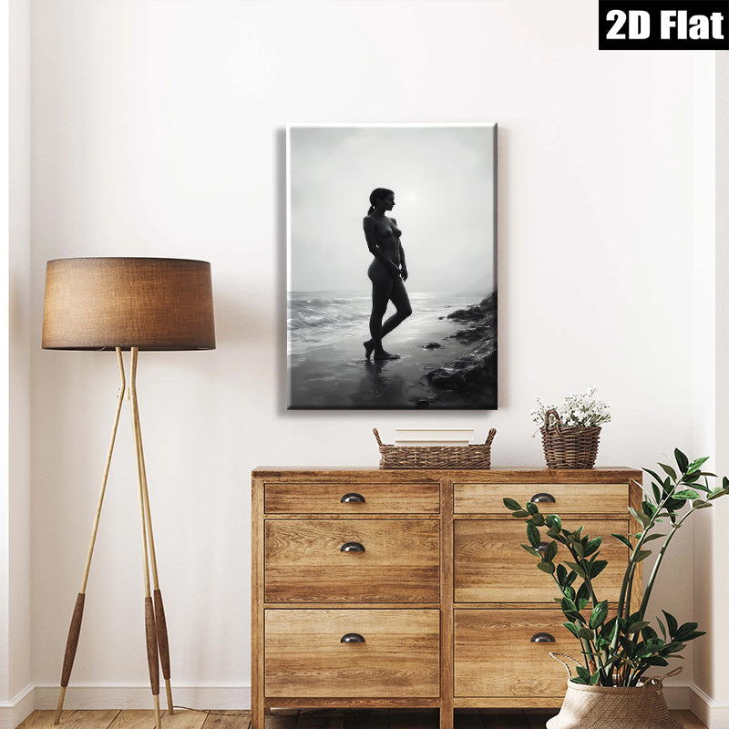 2D flat 1pc Coastal Silhouette Woman Beach Art Modern Canvas Wall Decor Living Room Bedroom Bathroom Gallery Wrapped Ready to Hang Farmhouse Aesthetic