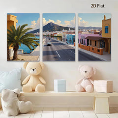 2D flat 1pc Coastal Spanish Town Street View Gallery Wall Art Living Room Bedroom Decor Modern Farmhouse Style Canvas Prints for Home Office Rustic Chic
