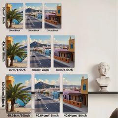 2D flat 1pc Coastal Spanish Town Street View Gallery Wall Art Living Room Bedroom Decor Modern Farmhouse Style Canvas Prints for Home Office Rustic Chic