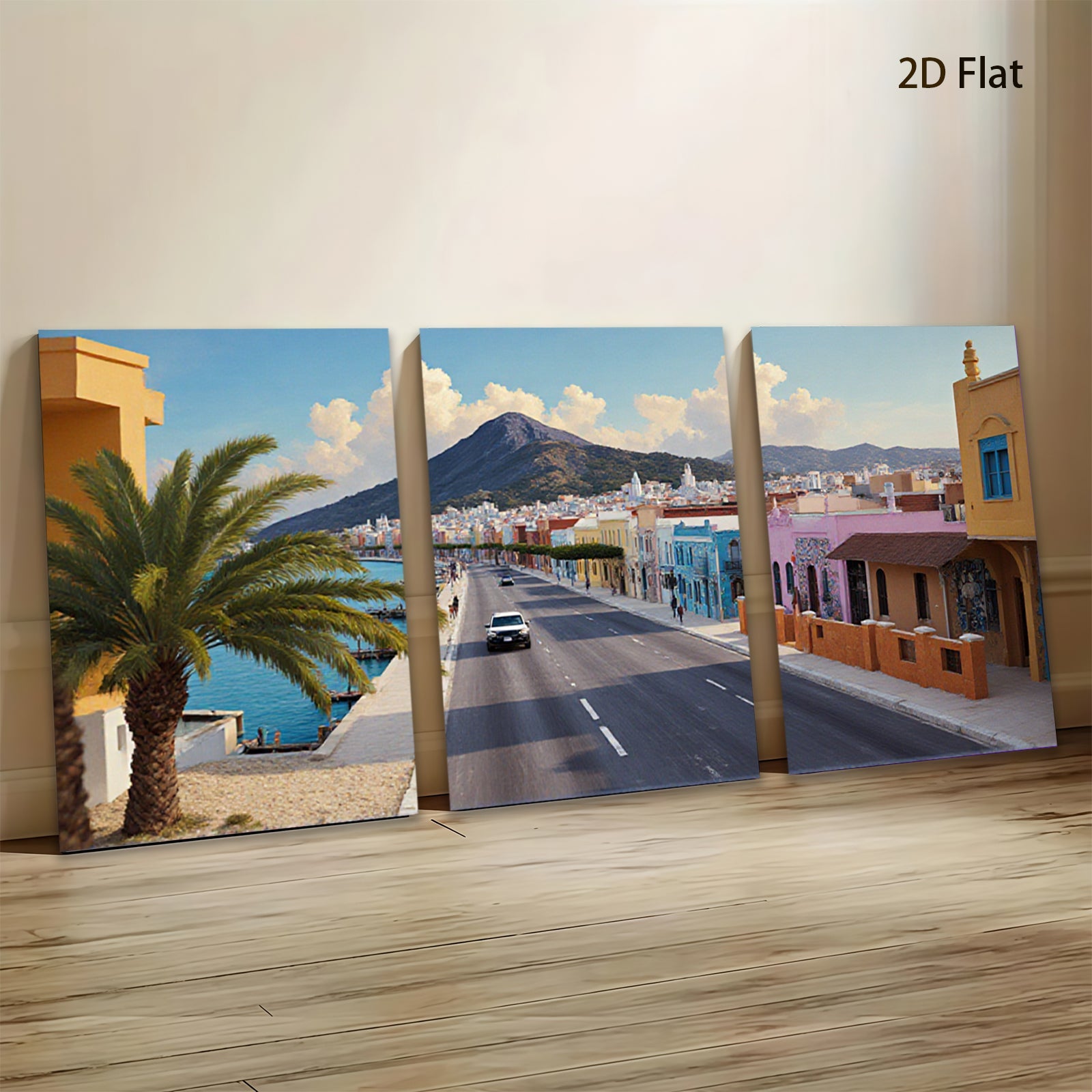 2D flat 1pc Coastal Spanish Town Street View Gallery Wall Art Living Room Bedroom Decor Modern Farmhouse Style Canvas Prints for Home Office Rustic Chic