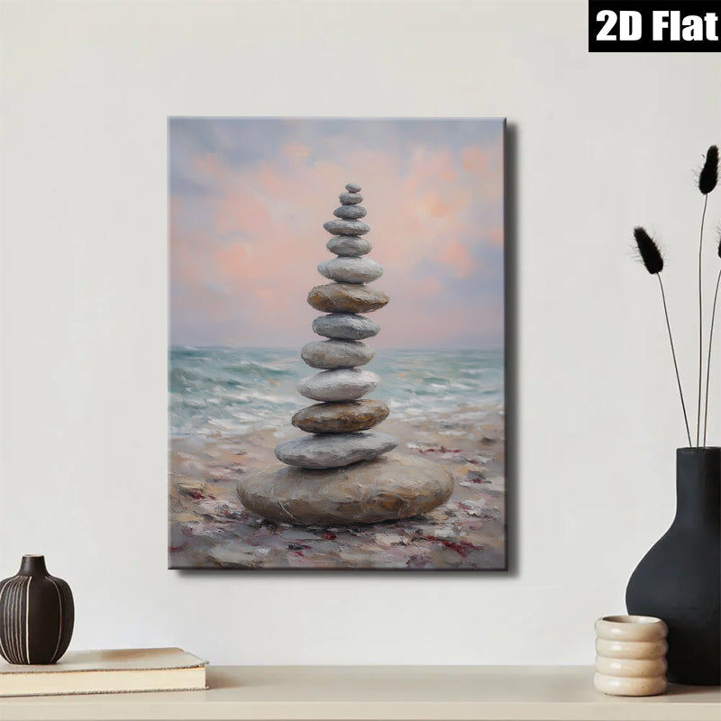 2D flat 1pc Coastal Stone Stack Beach Serenity Wall Art Living Room Bedroom Decor Farmhouse Style Modern Canvas Prints Textured Artwork Relaxing Home Design