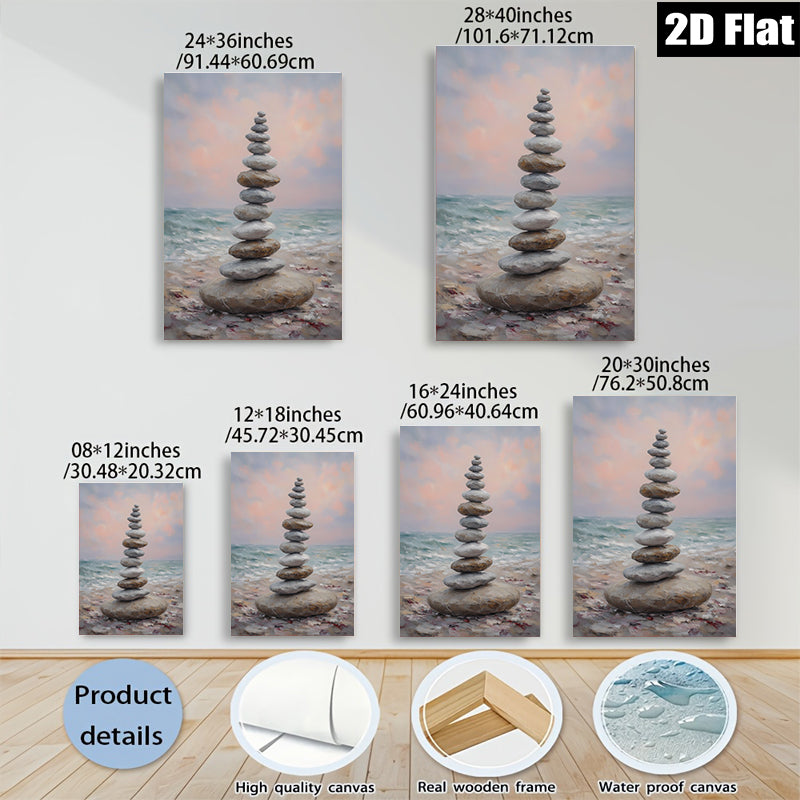 2D flat 1pc Coastal Stone Stack Beach Serenity Wall Art Living Room Bedroom Decor Farmhouse Style Modern Canvas Prints Textured Artwork Relaxing Home Design