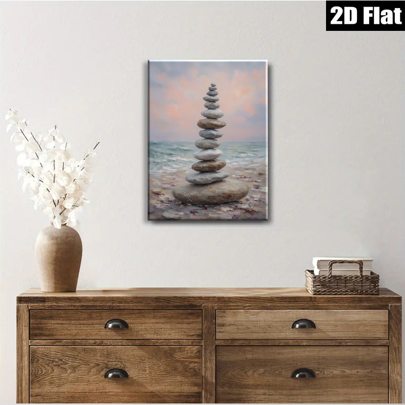 2D flat 1pc Coastal Stone Stack Beach Serenity Wall Art Living Room Bedroom Decor Farmhouse Style Modern Canvas Prints Textured Artwork Relaxing Home Design