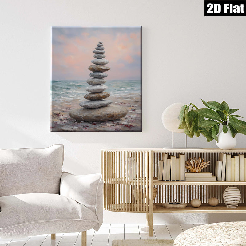 2D flat 1pc Coastal Stone Stack Beach Serenity Wall Art Living Room Bedroom Decor Farmhouse Style Modern Canvas Prints Textured Artwork Relaxing Home Design