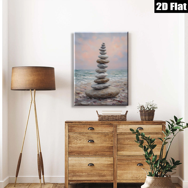 2D flat 1pc Coastal Stone Stack Beach Serenity Wall Art Living Room Bedroom Decor Farmhouse Style Modern Canvas Prints Textured Artwork Relaxing Home Design