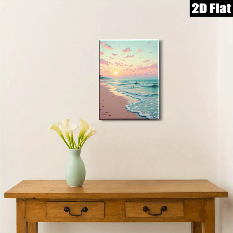 2D flat 1pc Coastal Sunrise Beach Ocean Waves Wall Art Living Room Bedroom Decor Modern Farmhouse Style Canvas Prints for Home Gallery Wrapped Ready to Hang