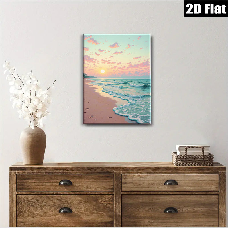2D flat 1pc Coastal Sunrise Beach Ocean Waves Wall Art Living Room Bedroom Decor Modern Farmhouse Style Canvas Prints for Home Gallery Wrapped Ready to Hang