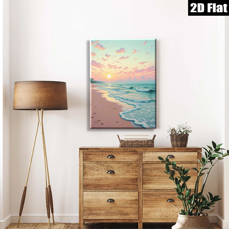 2D flat 1pc Coastal Sunrise Beach Ocean Waves Wall Art Living Room Bedroom Decor Modern Farmhouse Style Canvas Prints for Home Gallery Wrapped Ready to Hang