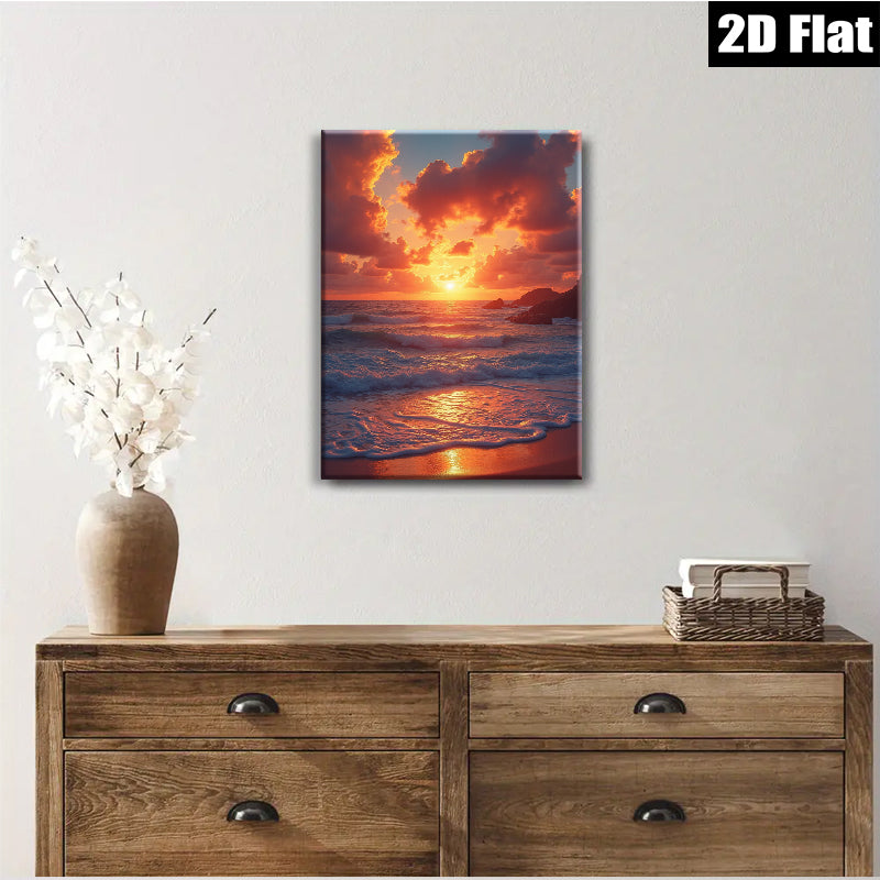 2D flat 1pc Coastal Sunset Beach Ocean Waves Wall Art Living Room Bedroom Decor Modern Farmhouse Canvas Prints for Home Decoration Trending Now Gallery Wrapped Ready to Hang