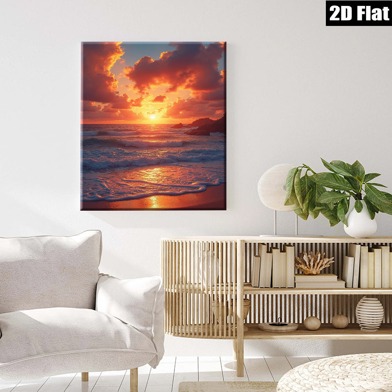 2D flat 1pc Coastal Sunset Beach Ocean Waves Wall Art Living Room Bedroom Decor Modern Farmhouse Canvas Prints for Home Decoration Trending Now Gallery Wrapped Ready to Hang