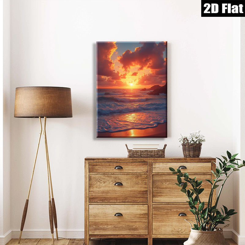 2D flat 1pc Coastal Sunset Beach Ocean Waves Wall Art Living Room Bedroom Decor Modern Farmhouse Canvas Prints for Home Decoration Trending Now Gallery Wrapped Ready to Hang