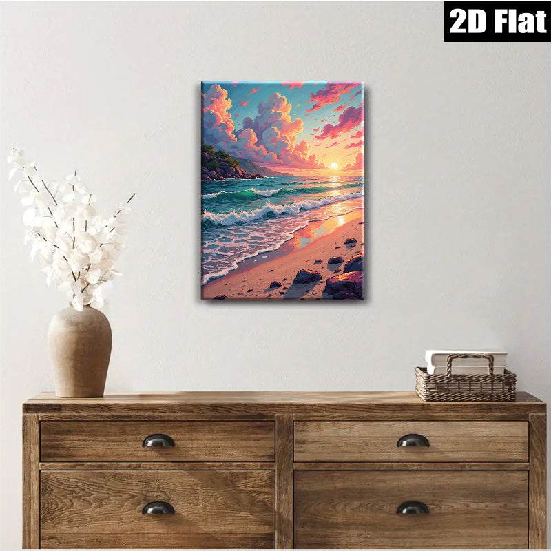 2D flat 1pc Coastal Sunset Beach Waves Ocean View Wall Art Living Room Bedroom Decor Farmhouse Style Gallery Wrapped Canvas Prints Modern Home Décor