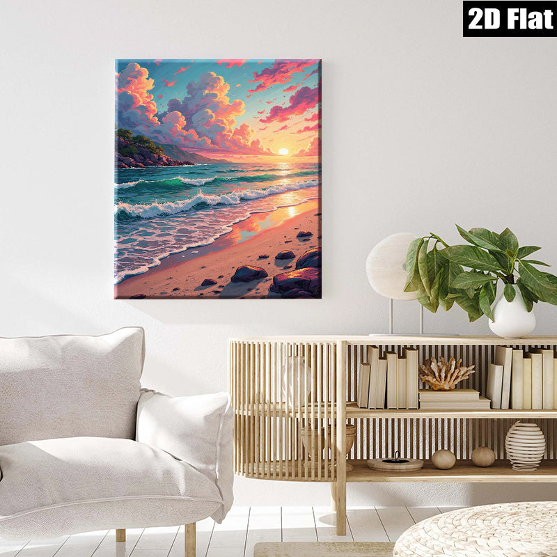 2D flat 1pc Coastal Sunset Beach Waves Ocean View Wall Art Living Room Bedroom Decor Farmhouse Style Gallery Wrapped Canvas Prints Modern Home Décor