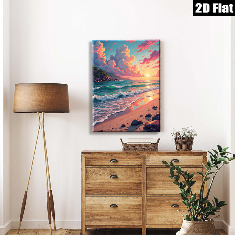 2D flat 1pc Coastal Sunset Beach Waves Ocean View Wall Art Living Room Bedroom Decor Farmhouse Style Gallery Wrapped Canvas Prints Modern Home Décor