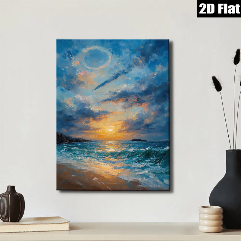 2D flat 1pc Coastal Sunset Ocean Waves Beach Wall Art Decor for Living Room Bedroom Home Office Canvas Prints Gallery Wrapped Ready to Hang Modern Farmhouse Style