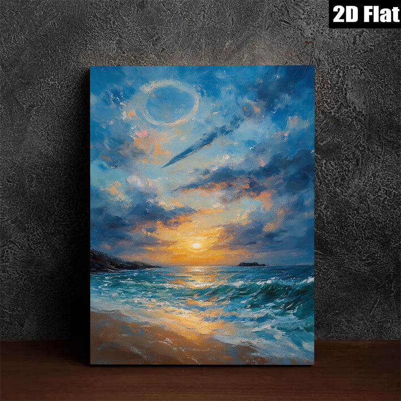2D flat 1pc Coastal Sunset Ocean Waves Beach Wall Art Decor for Living Room Bedroom Home Office Canvas Prints Gallery Wrapped Ready to Hang Modern Farmhouse Style