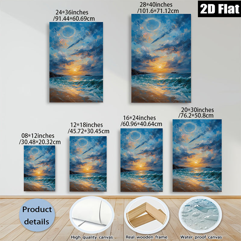 2D flat 1pc Coastal Sunset Ocean Waves Beach Wall Art Decor for Living Room Bedroom Home Office Canvas Prints Gallery Wrapped Ready to Hang Modern Farmhouse Style