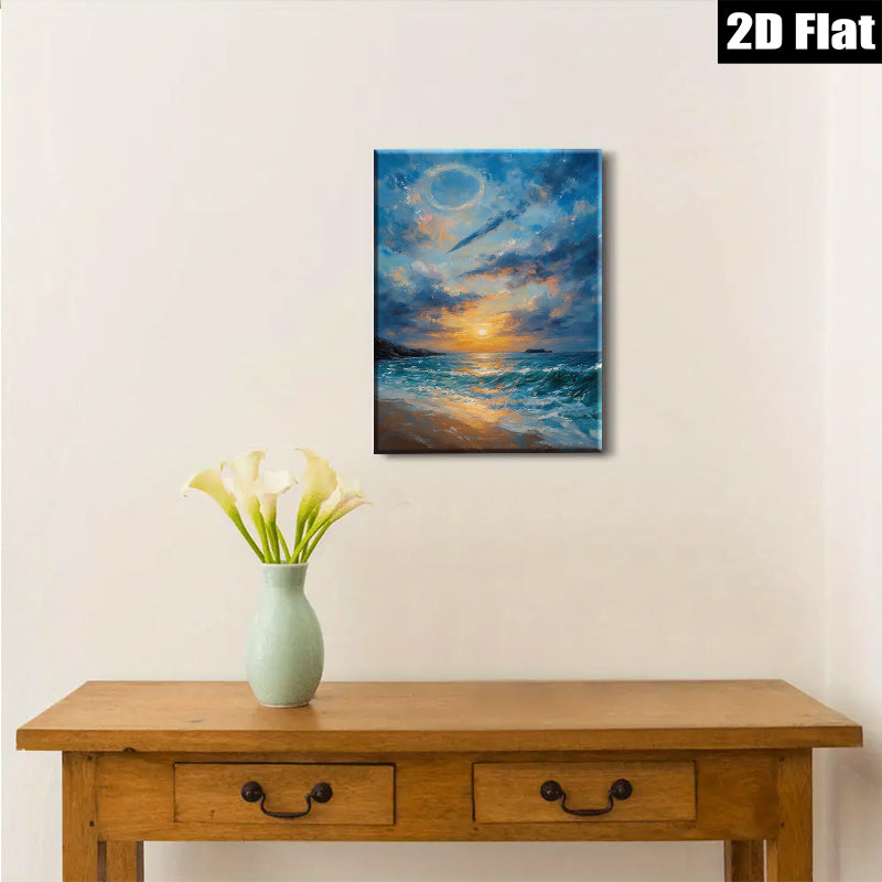 2D flat 1pc Coastal Sunset Ocean Waves Beach Wall Art Decor for Living Room Bedroom Home Office Canvas Prints Gallery Wrapped Ready to Hang Modern Farmhouse Style