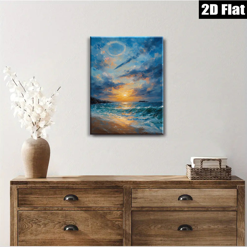 2D flat 1pc Coastal Sunset Ocean Waves Beach Wall Art Decor for Living Room Bedroom Home Office Canvas Prints Gallery Wrapped Ready to Hang Modern Farmhouse Style