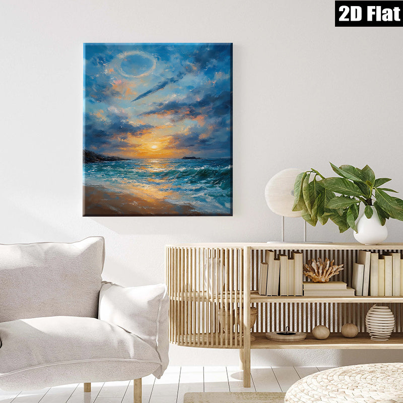 2D flat 1pc Coastal Sunset Ocean Waves Beach Wall Art Decor for Living Room Bedroom Home Office Canvas Prints Gallery Wrapped Ready to Hang Modern Farmhouse Style