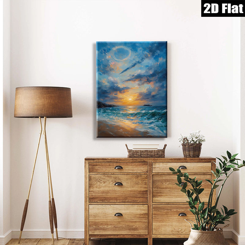 2D flat 1pc Coastal Sunset Ocean Waves Beach Wall Art Decor for Living Room Bedroom Home Office Canvas Prints Gallery Wrapped Ready to Hang Modern Farmhouse Style
