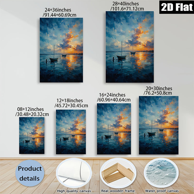 2D flat 1pc Coastal Sunset Sailing Boats Ocean Wall Art Decor Living Room Bedroom Modern Farmhouse Style Canvas Prints Wrapped Ready To Hang Gallery Wrapped