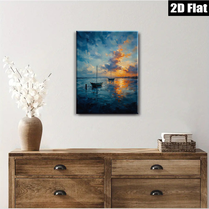 2D flat 1pc Coastal Sunset Sailing Boats Ocean Wall Art Decor Living Room Bedroom Modern Farmhouse Style Canvas Prints Wrapped Ready To Hang Gallery Wrapped