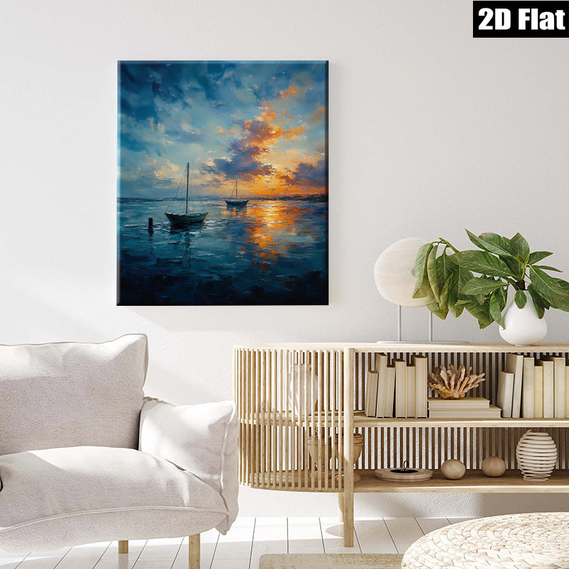 2D flat 1pc Coastal Sunset Sailing Boats Ocean Wall Art Decor Living Room Bedroom Modern Farmhouse Style Canvas Prints Wrapped Ready To Hang Gallery Wrapped