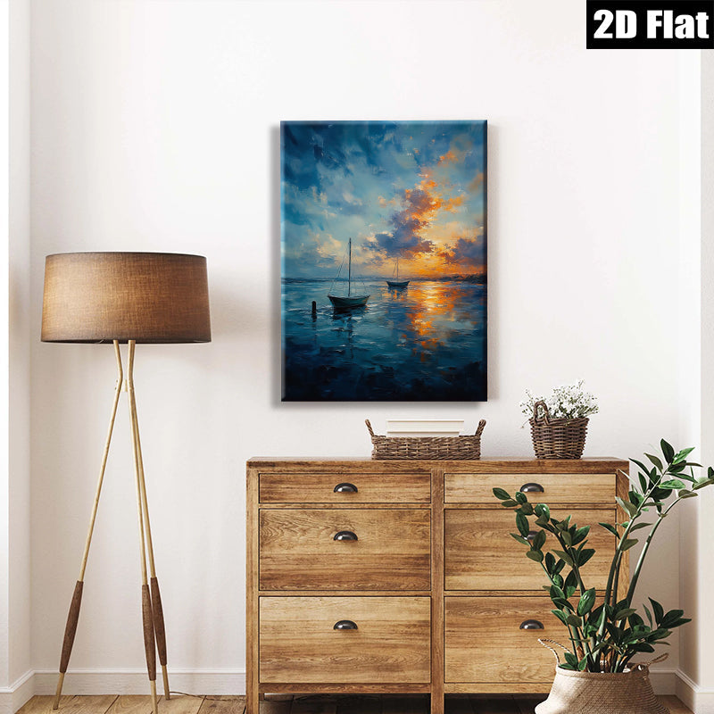 2D flat 1pc Coastal Sunset Sailing Boats Ocean Wall Art Decor Living Room Bedroom Modern Farmhouse Style Canvas Prints Wrapped Ready To Hang Gallery Wrapped