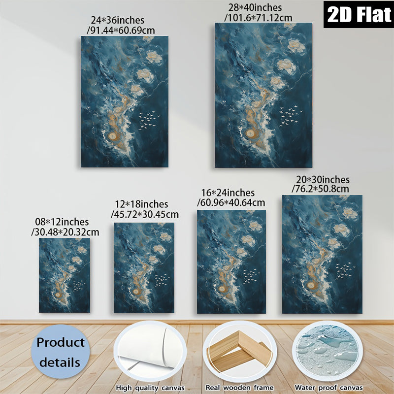 2D flat 1pc Coastal Swirls Flight Above Ocean Waves Living Room Bedroom Wall Decor Modern Farmhouse Gallery Wrapped Canvas Prints Teal Blue Art