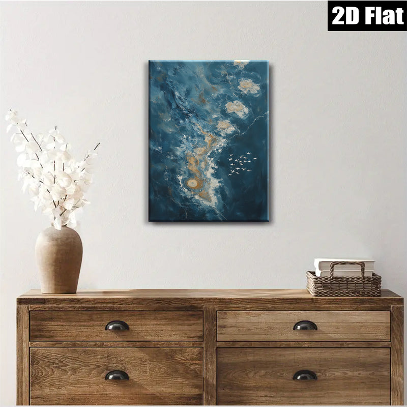 2D flat 1pc Coastal Swirls Flight Above Ocean Waves Living Room Bedroom Wall Decor Modern Farmhouse Gallery Wrapped Canvas Prints Teal Blue Art