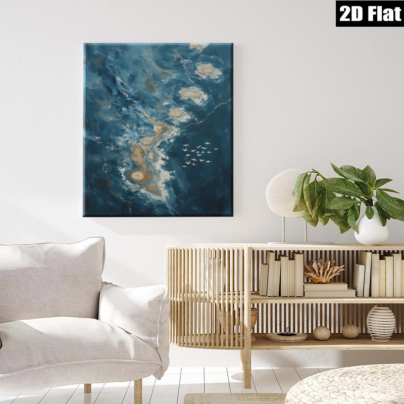 2D flat 1pc Coastal Swirls Flight Above Ocean Waves Living Room Bedroom Wall Decor Modern Farmhouse Gallery Wrapped Canvas Prints Teal Blue Art
