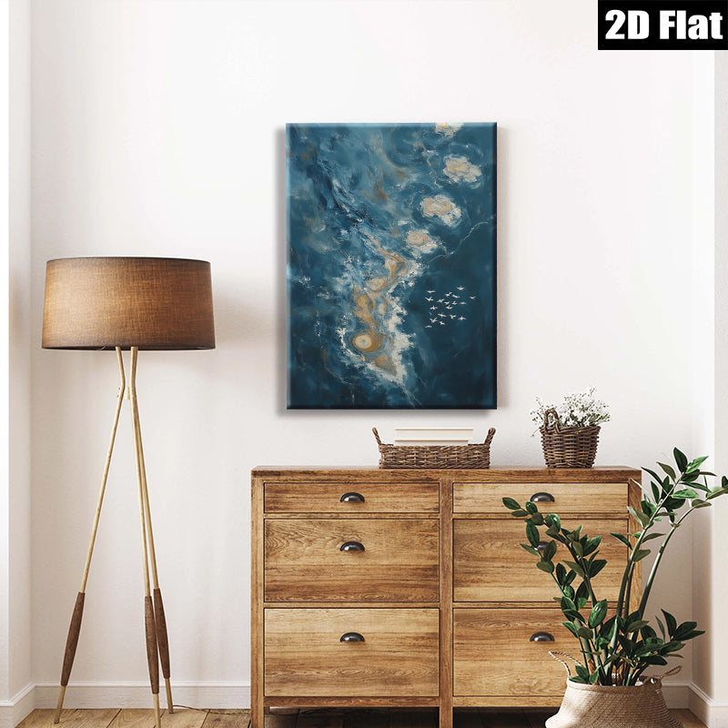 2D flat 1pc Coastal Swirls Flight Above Ocean Waves Living Room Bedroom Wall Decor Modern Farmhouse Gallery Wrapped Canvas Prints Teal Blue Art