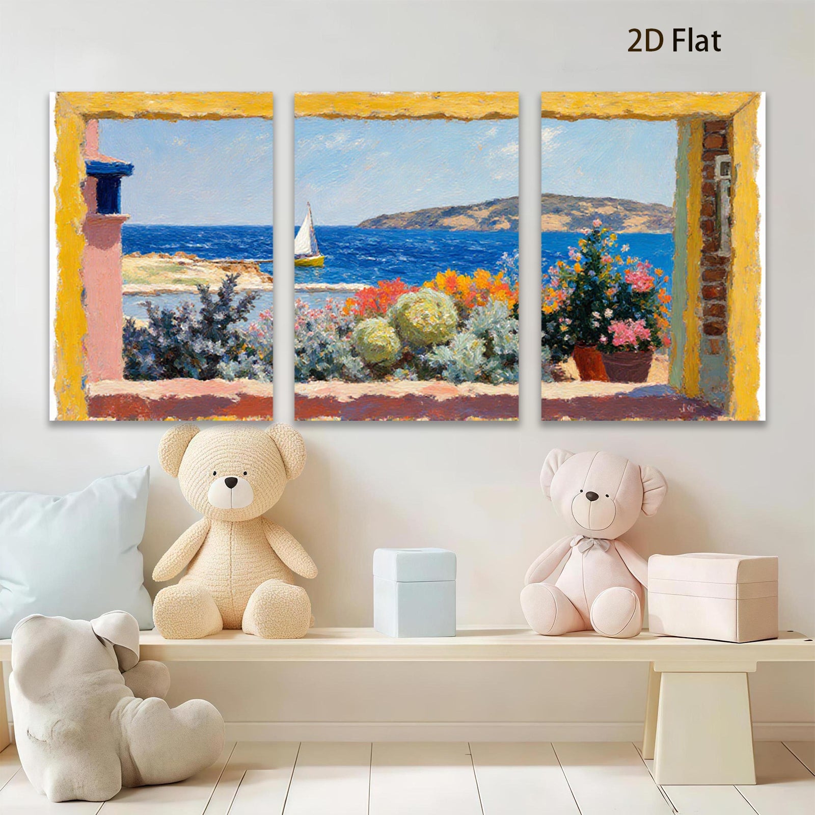 2D flat 1pc Coastal View Window Box Flowers Mediterranean Scene Wall Art Decor Living Room Bedroom Modern Farmhouse Style Canvas Prints