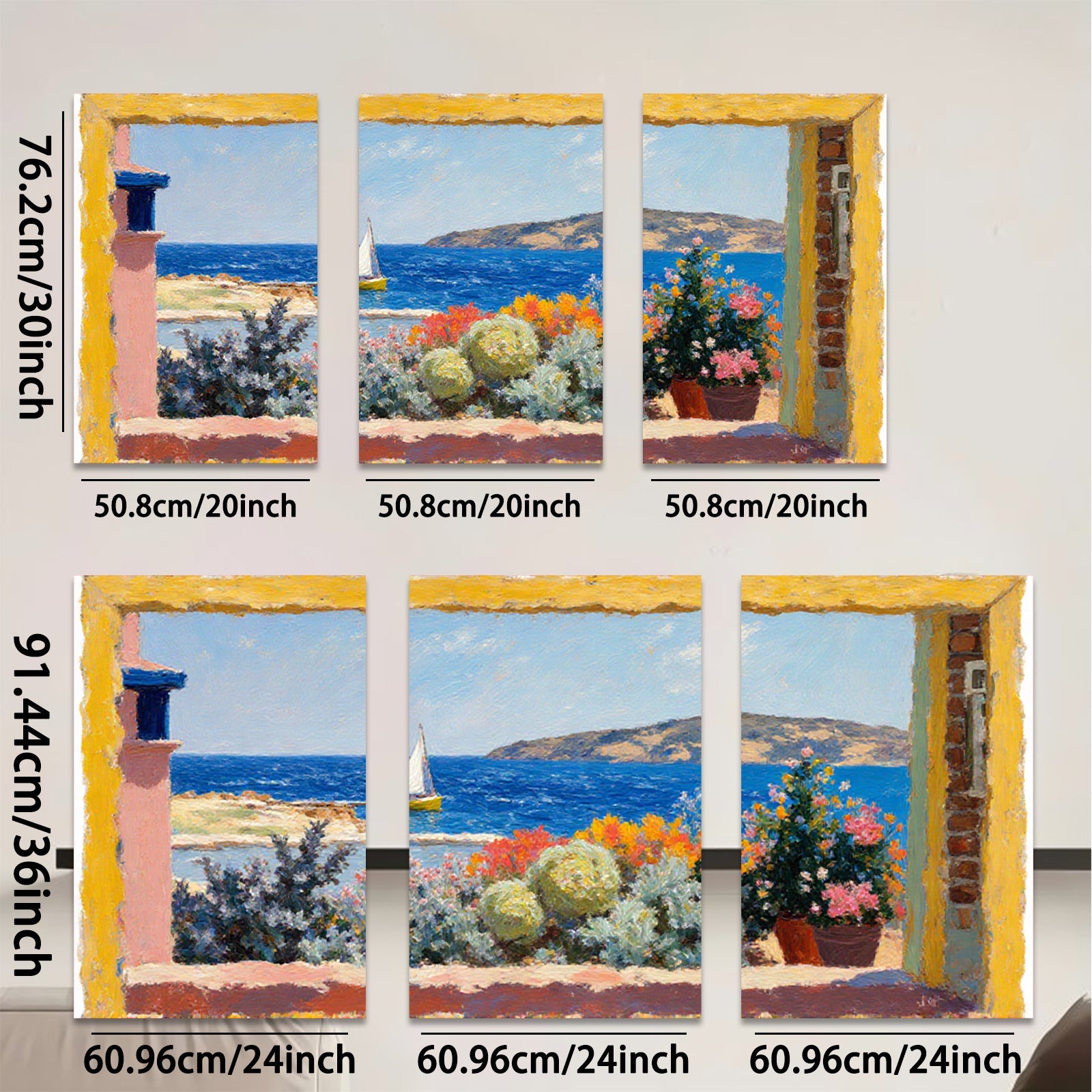 2D flat 1pc Coastal View Window Box Flowers Mediterranean Scene Wall Art Decor Living Room Bedroom Modern Farmhouse Style Canvas Prints