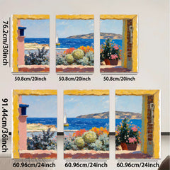 2D flat 1pc Coastal View Window Box Flowers Mediterranean Scene Wall Art Decor Living Room Bedroom Modern Farmhouse Style Canvas Prints