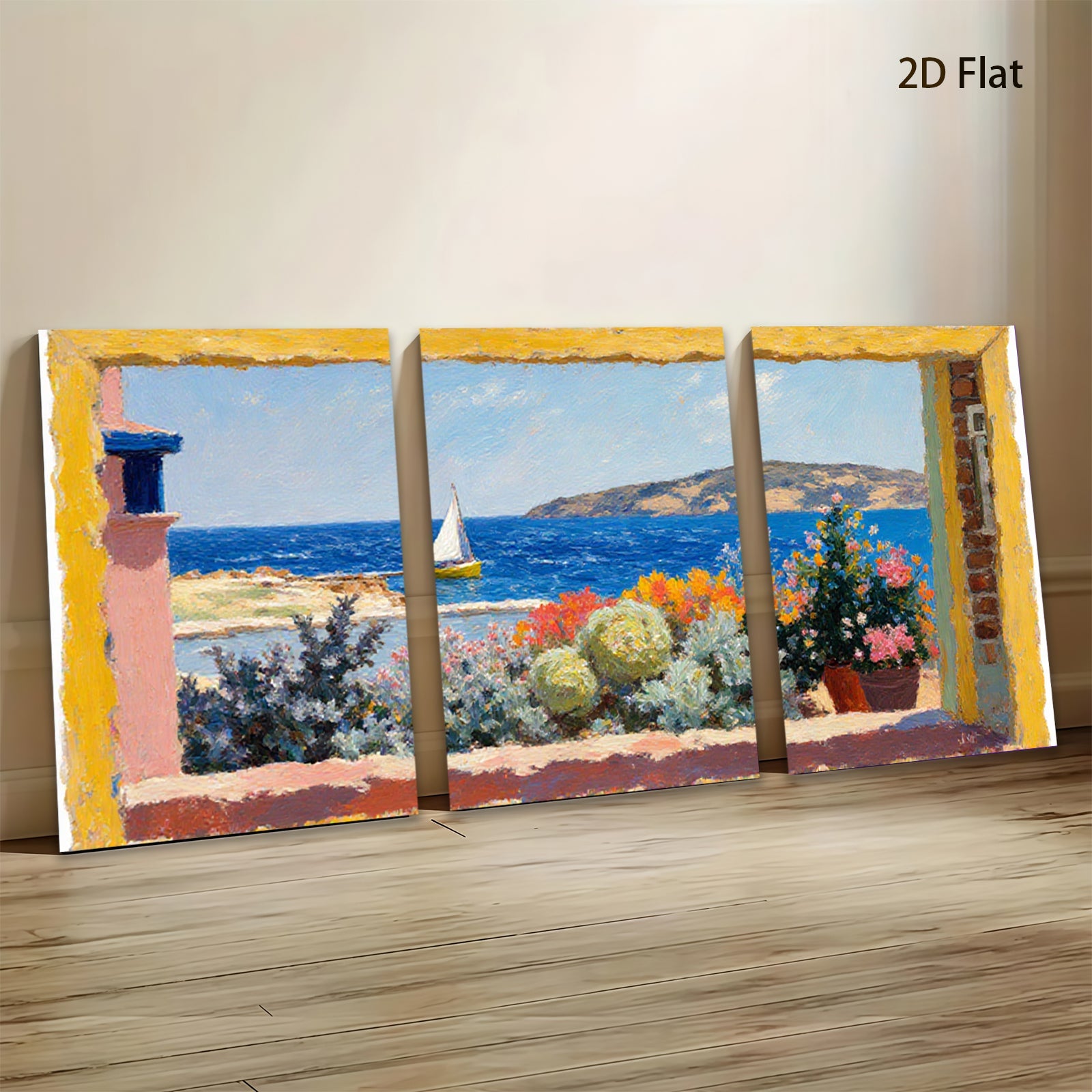 2D flat 1pc Coastal View Window Box Flowers Mediterranean Scene Wall Art Decor Living Room Bedroom Modern Farmhouse Style Canvas Prints