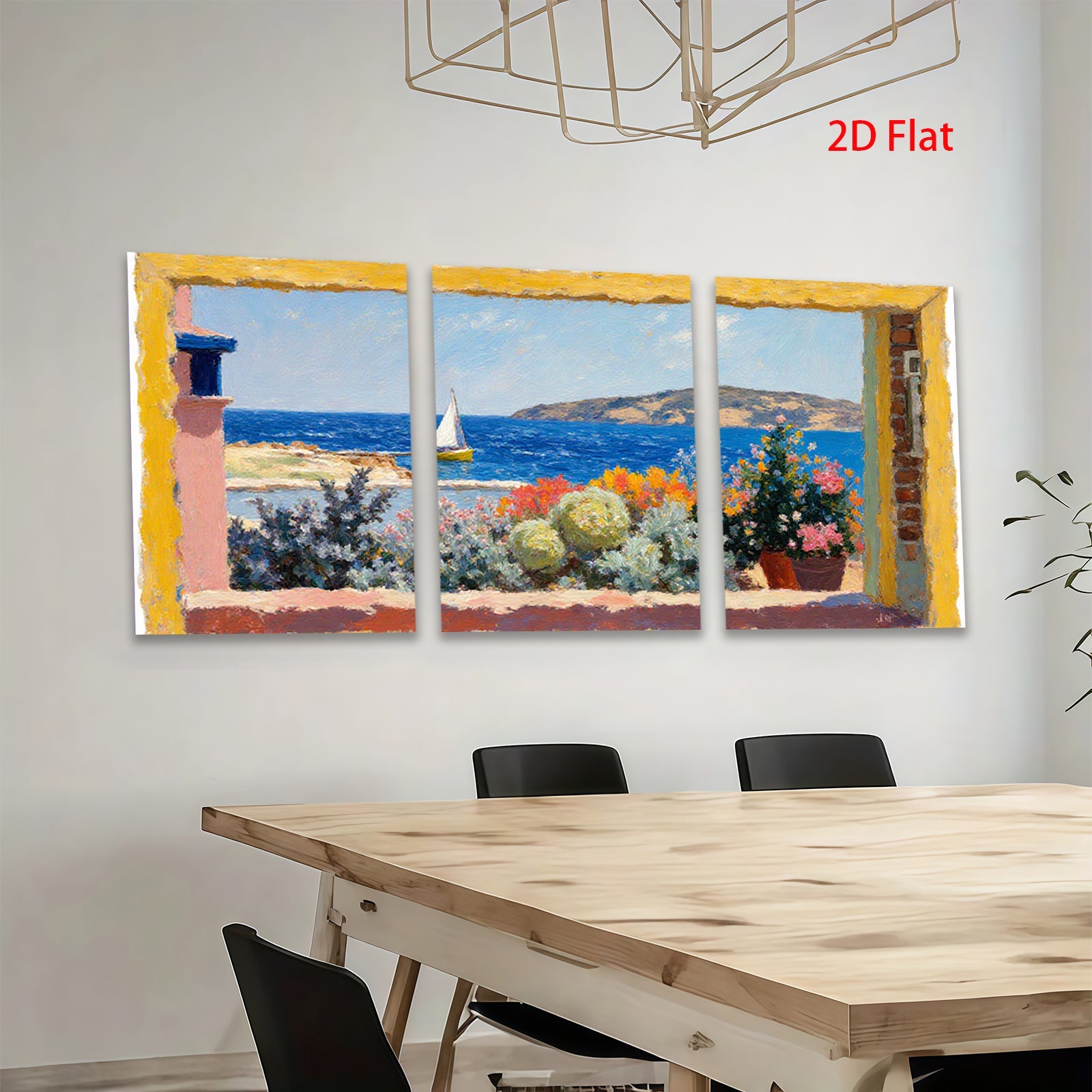 2D flat 1pc Coastal View Window Box Flowers Mediterranean Scene Wall Art Decor Living Room Bedroom Modern Farmhouse Style Canvas Prints