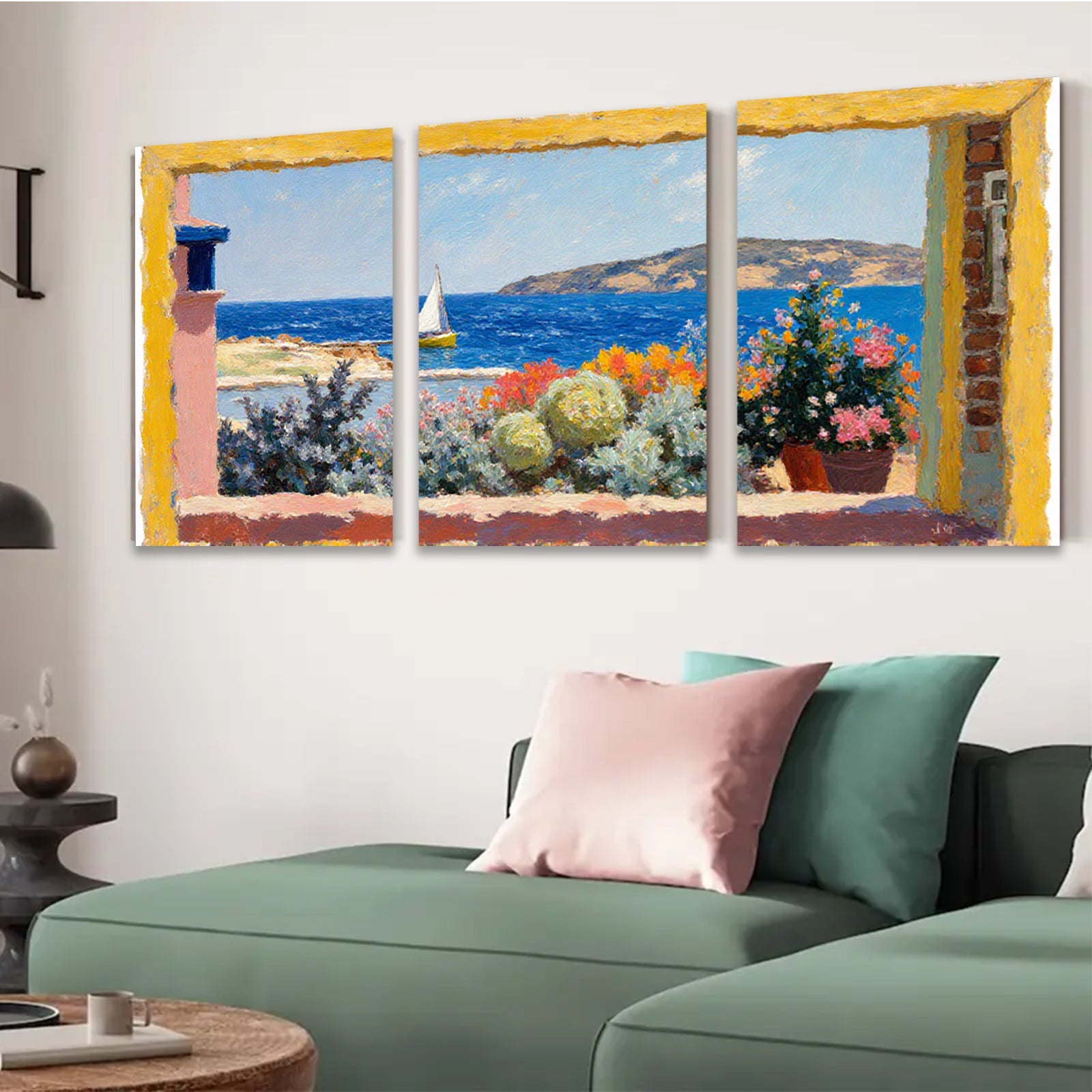 2D flat 1pc Coastal View Window Box Flowers Mediterranean Scene Wall Art Decor Living Room Bedroom Modern Farmhouse Style Canvas Prints