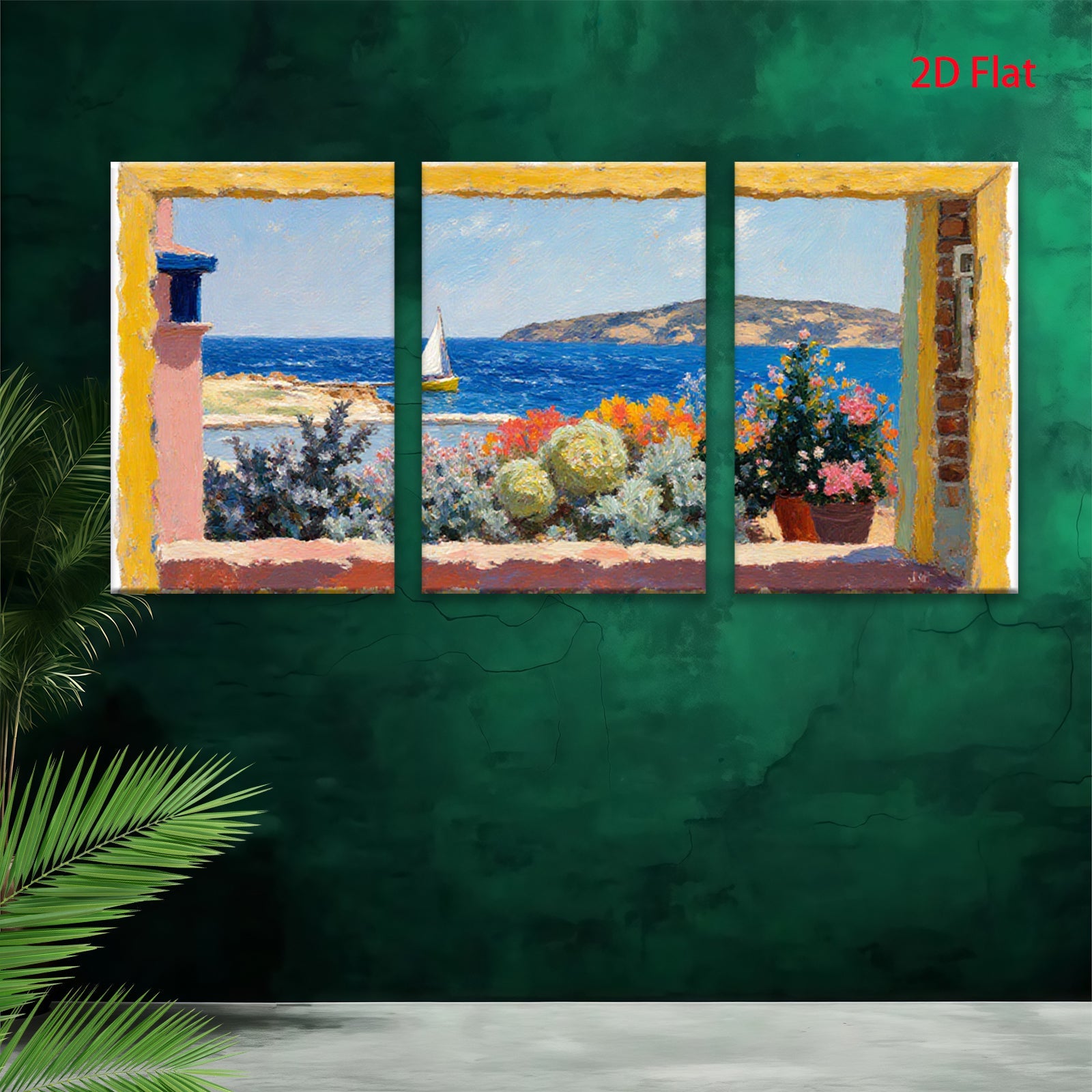2D flat 1pc Coastal View Window Box Flowers Mediterranean Scene Wall Art Decor Living Room Bedroom Modern Farmhouse Style Canvas Prints