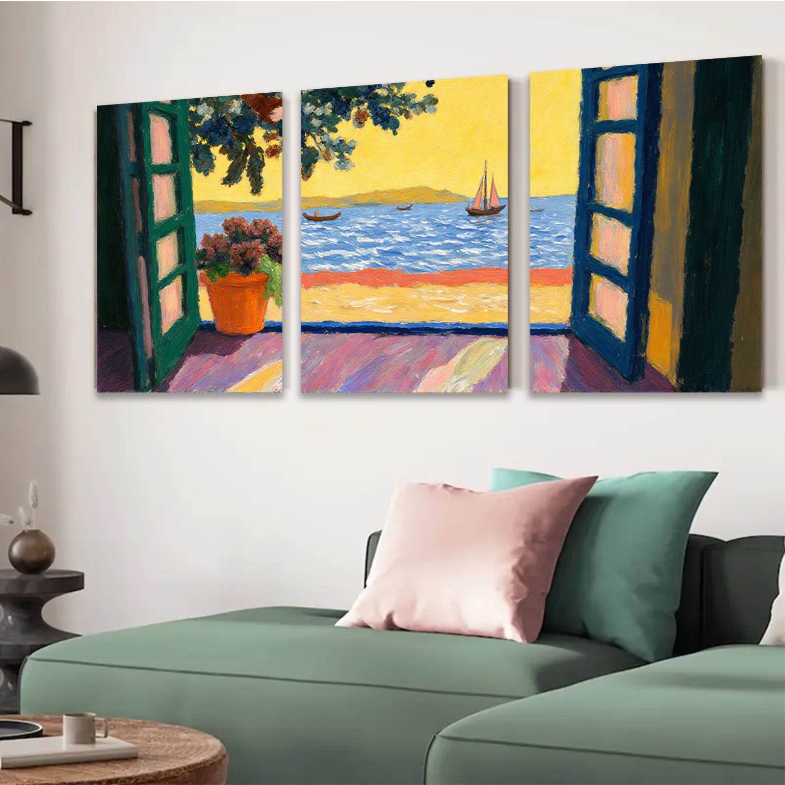 2D flat 1pc Coastal View Window Scene Living Room Bedroom Wall Decor Farmhouse Style Artwork Modern Home Gifts Chic Gallery Wrapped Canvas Prints