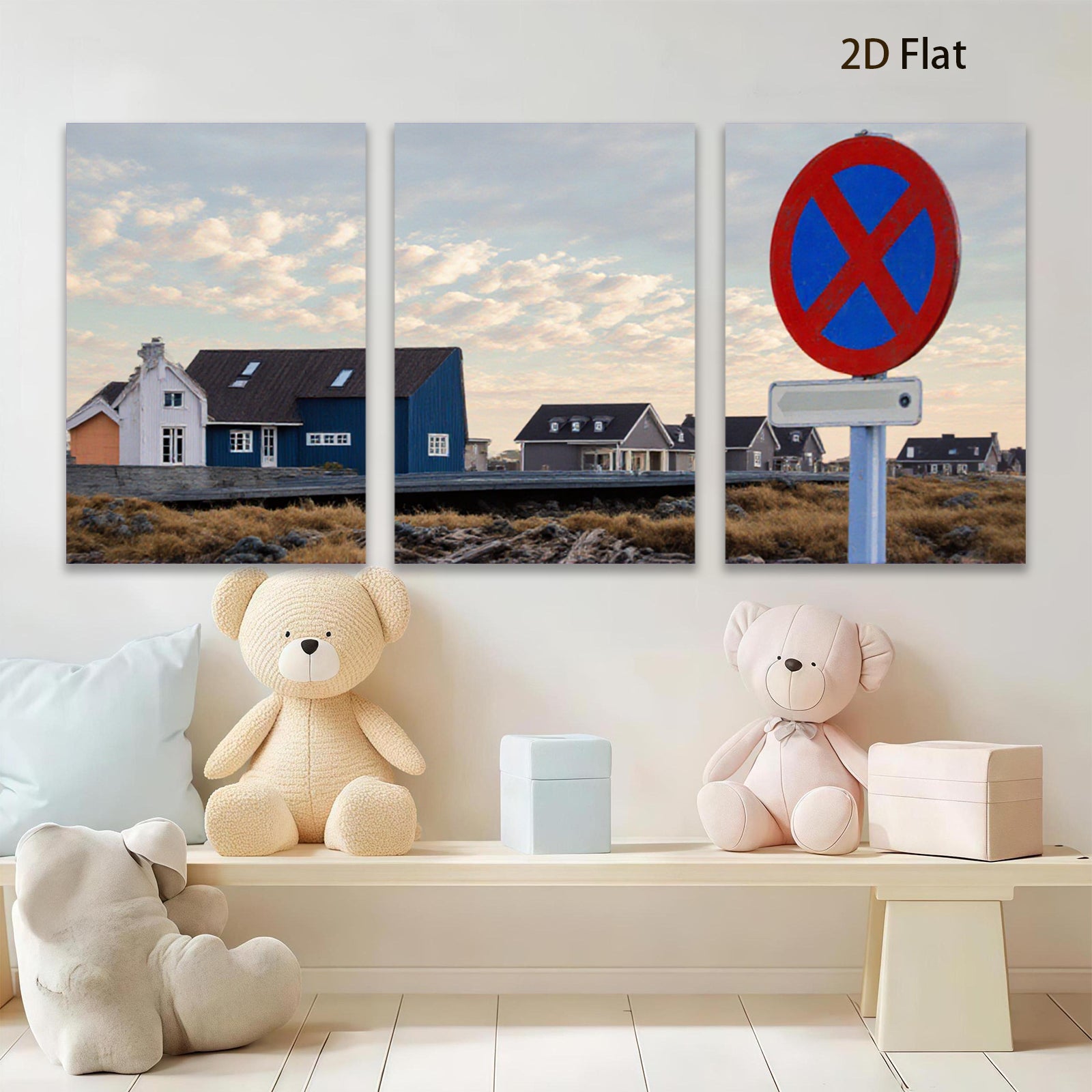 2D flat 1pc Coastal Village Scene Nordic Homes Peaceful Countryside Living Room Bedroom Wall Decor Modern Farmhouse Style Canvas Prints