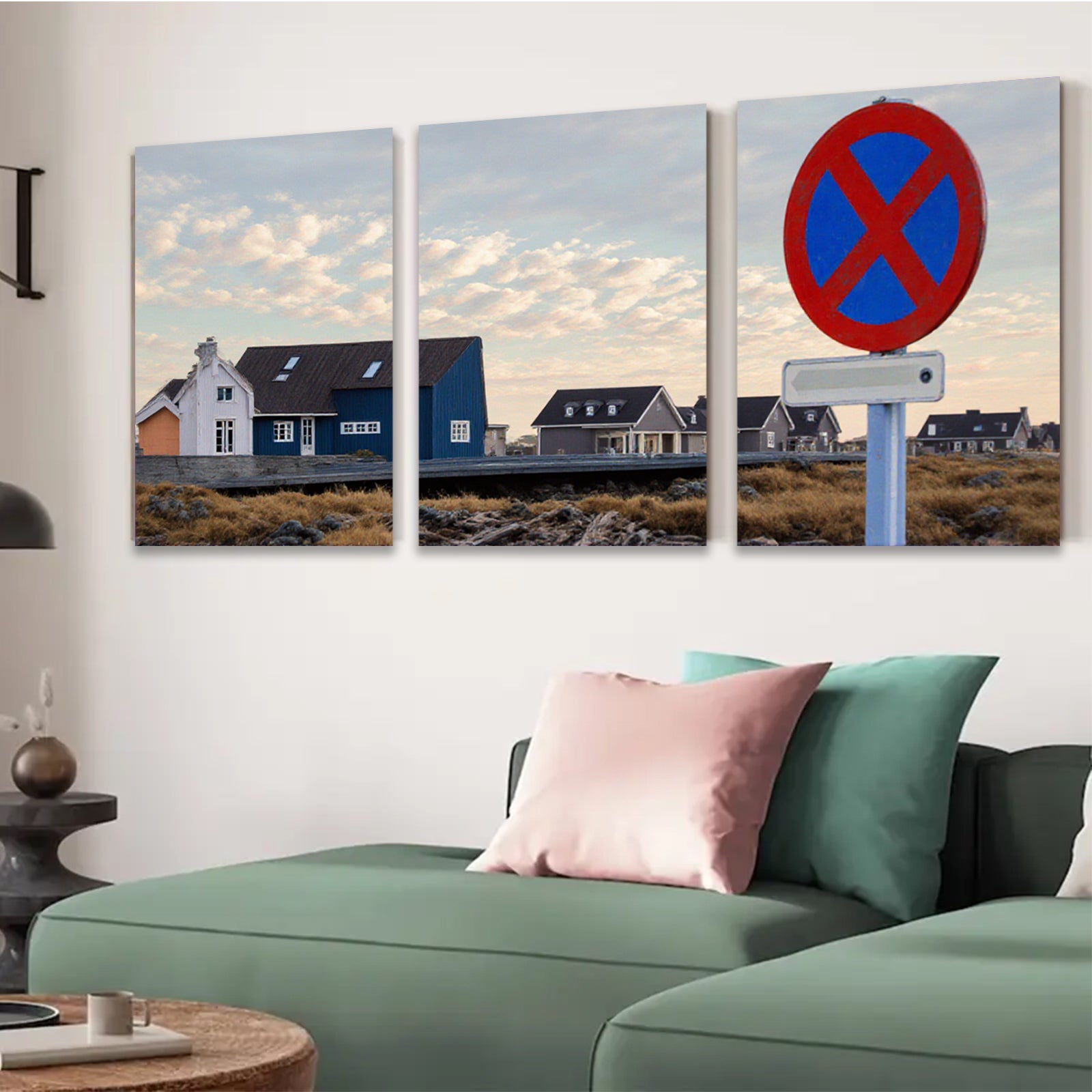 2D flat 1pc Coastal Village Scene Nordic Homes Peaceful Countryside Living Room Bedroom Wall Decor Modern Farmhouse Style Canvas Prints