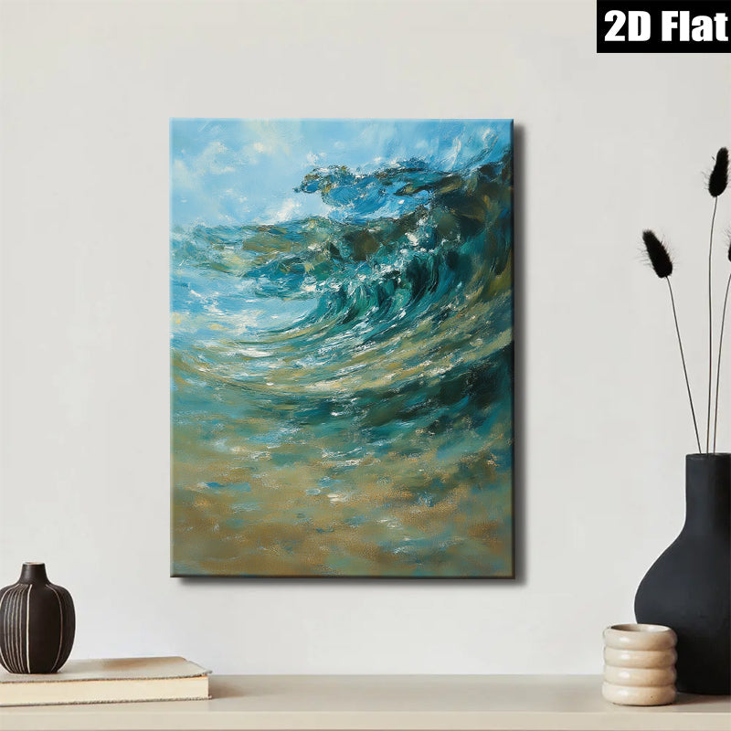 2D flat 1pc Coastal Wave Crashing Ocean Blue Abstract Canvas Wall Art for Living Room Bedroom Bathroom Modern Farmhouse Decor Gallery Wrapped Ready to Hang