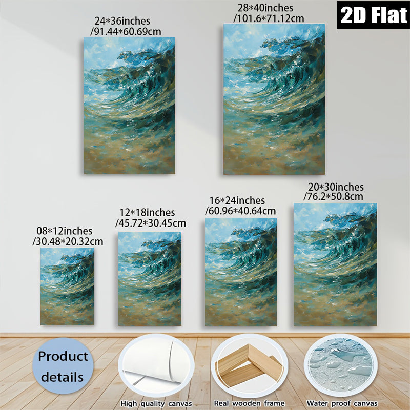 2D flat 1pc Coastal Wave Crashing Ocean Blue Abstract Canvas Wall Art for Living Room Bedroom Bathroom Modern Farmhouse Decor Gallery Wrapped Ready to Hang